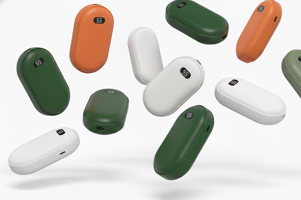 Embern Hand Warmer - Various small electronic devices in different colors on a white background
